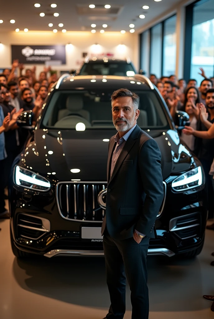 Create me an scenario in which i have to take my Full size black SUV's delivery in Indian showroom and everybody clapping 