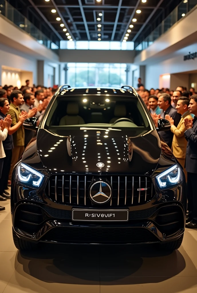 Create me an scenario in which i have to take my Full size black SUV's delivery in Indian showroom and everybody clapping