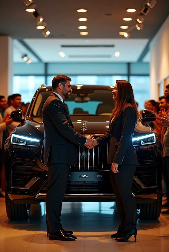 Create me an scenario in which i have to take my Full size black SUV's delivery in Indian showroom and everybody clapping