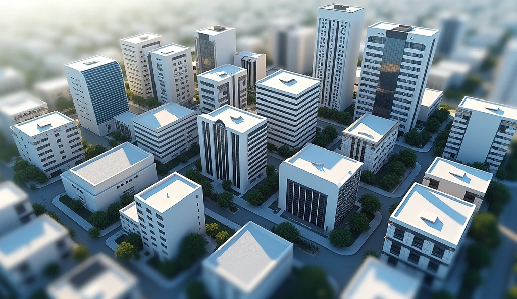 
"Generates a realistic aerial view image of an avenue in the city of Arequipa. In the foreground, shows 12 buildings standing out among simpler houses. Of those 12 buildings: 
- 6 must be residential, white with blue stripes.
- 3 must be offices with reflective facades.
- 3 must be hotels and commercials, with an elegant and striking design. 
The buildings have separation between them.
Buildings should be the main focus of the image, while the surroundings should be less prominent."
