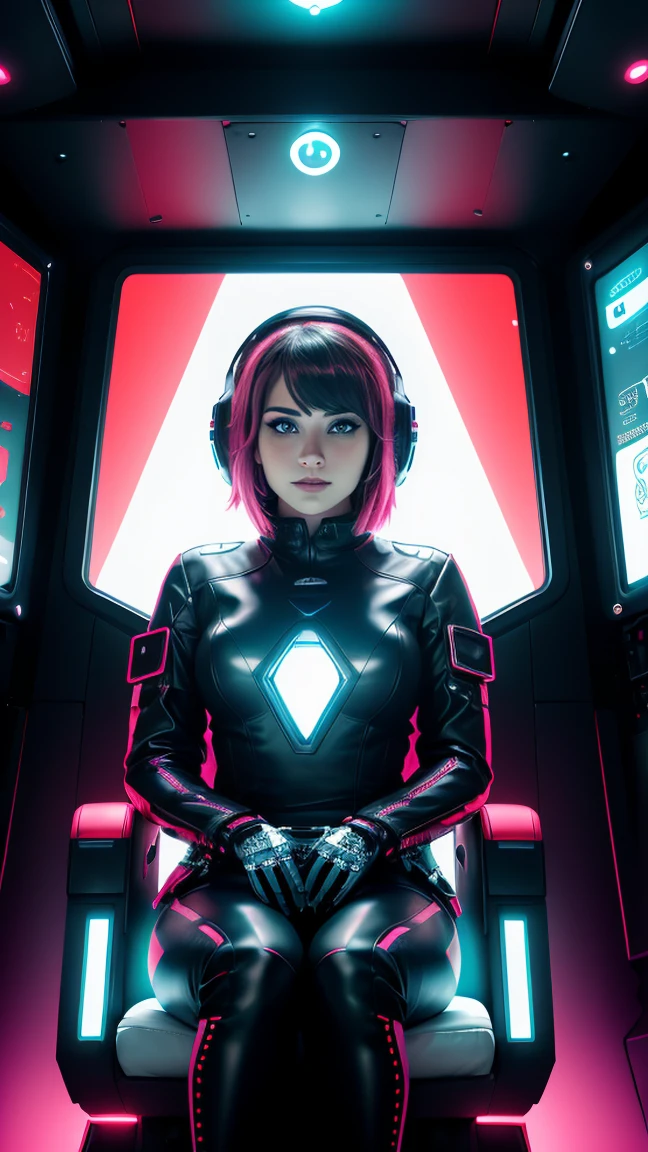 A young woman sits in the cockpit of a giant robot, dressed in a leather bodysuit. Surrounding her are digital metal punk-inspired decorations, with a futuristic interface glowing brightly. The control panel is filled with numerous buttons and screens, and she operates the robot with a calm and sharp gaze. The high-tech equipment and dark fashion convey a sense of tension and style in a futuristic world.