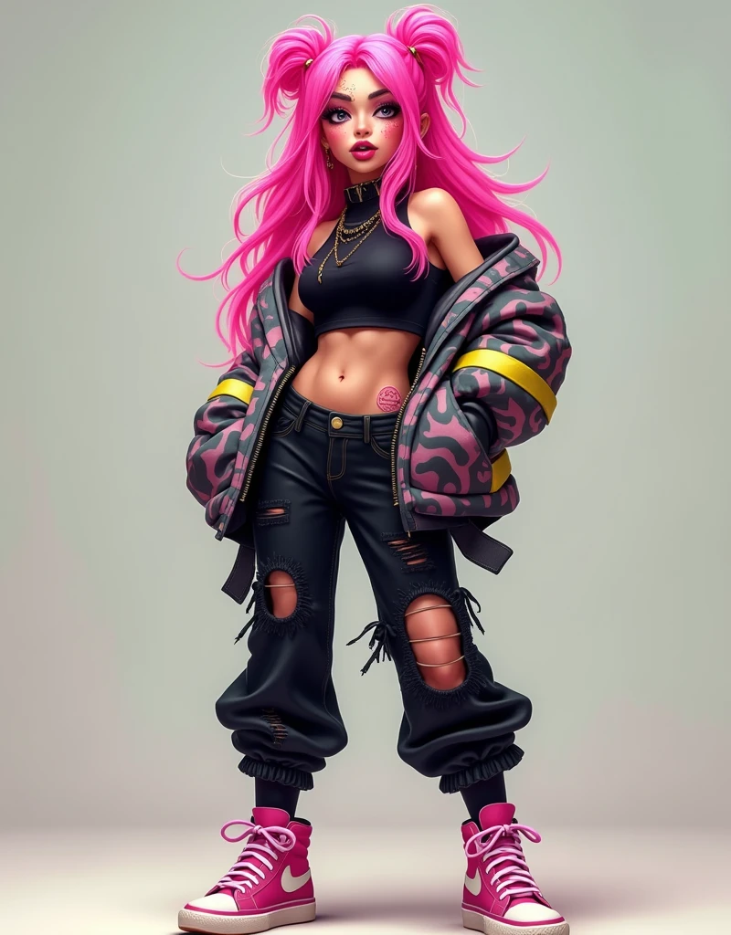 A stylized female character with long, wavy pink hair and bold makeup, including prominent eyebrows and freckles. She wears a cropped black top under a colorful, oversized jacket with patterns, paired with distressed black jeans featuring rips and a unique cut. Her outfit is completed with high-top pink and white sneakers, showcasing a trendy, urban aesthetic. The background is softly lit, enhancing the character's vibrant appearance.