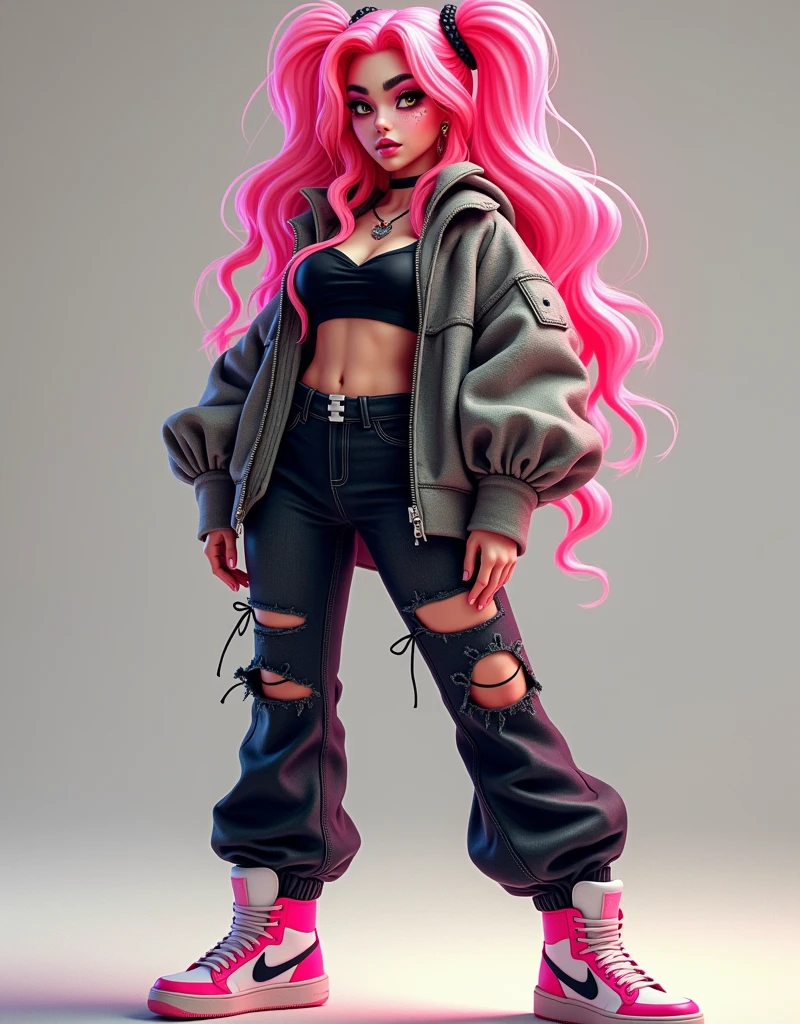 A stylized female character with long, wavy pink hair and bold makeup, including prominent eyebrows and freckles. She wears a cropped black top under a colorful, oversized jacket with patterns, paired with distressed black jeans featuring rips and a unique cut. Her outfit is completed with high-top pink and white sneakers, showcasing a trendy, urban aesthetic. The background is softly lit, enhancing the character's vibrant appearance.