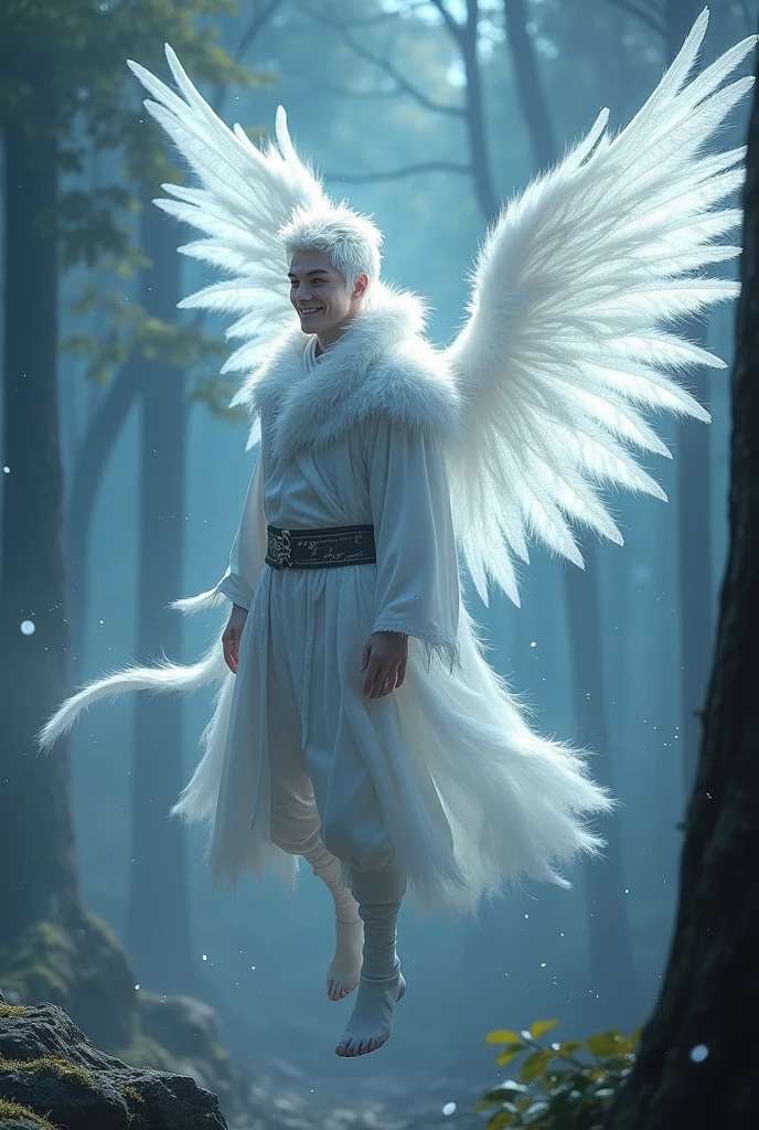 full body photorealistic Donghua Style very handsome very hunky Fractal adult white haired Jack Frost, with very big huge glowing Fairy wings,  very light environment . flying over an enchanted forest. smiling.