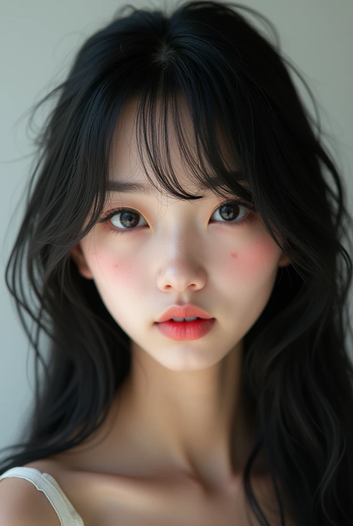 1 Asian girl, 15year old, long hair, smooth and black, striking and extraordinary look, unique beauty, small and round nose, thick and pink mouth, huge eyelashes, curved and beautiful, skin fair, pint in the nose, on the cheek and chin near the mouth, mole on the chin near the mouth, PICTURE REALISTIC, Extreme realism, 8 k quality