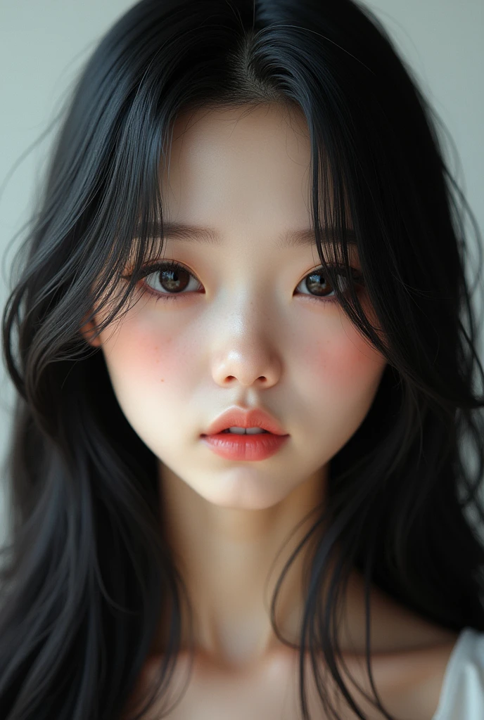 1 Asian girl, 15year old, long hair, smooth and black, striking and extraordinary look, unique beauty, small and round nose, thick and pink mouth, huge eyelashes, curved and beautiful, skin fair, pint in the nose, on the cheek and chin near the mouth, mole on the chin near the mouth, PICTURE REALISTIC, Extreme realism, 8 k quality