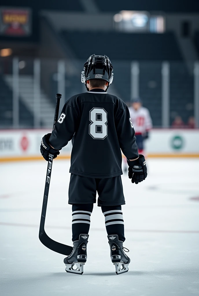A single boy playing ice hockey wearing black gersy and black helmet gersy no.8 holding a ccm black stick showing his back background stadium nadeem Arif