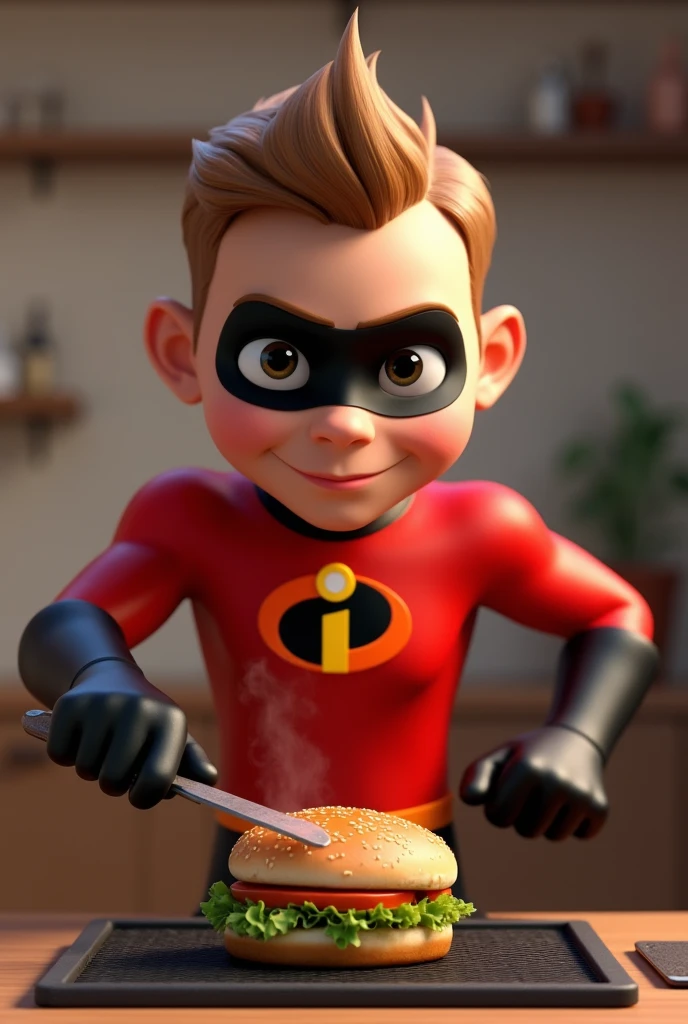 boy jboy cook, 20 years young, dressed as The Incredibles, preparing hamburger on the grill, 3D character rendering, cartoon character, Character from The Incredibles, character posing, (Pixar-style) (best qualityer) (skin detailed) (detailed texture) (8k) (Argilla) (cinematic lighting) (sharp focus