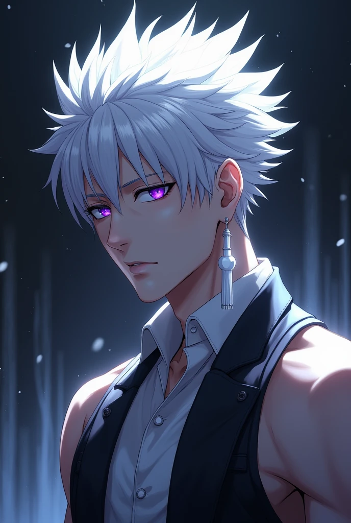 anime character, White hair, spiky hair, Pale skin, purple eyes, Long white eyelashes, male, muscular, white earrings