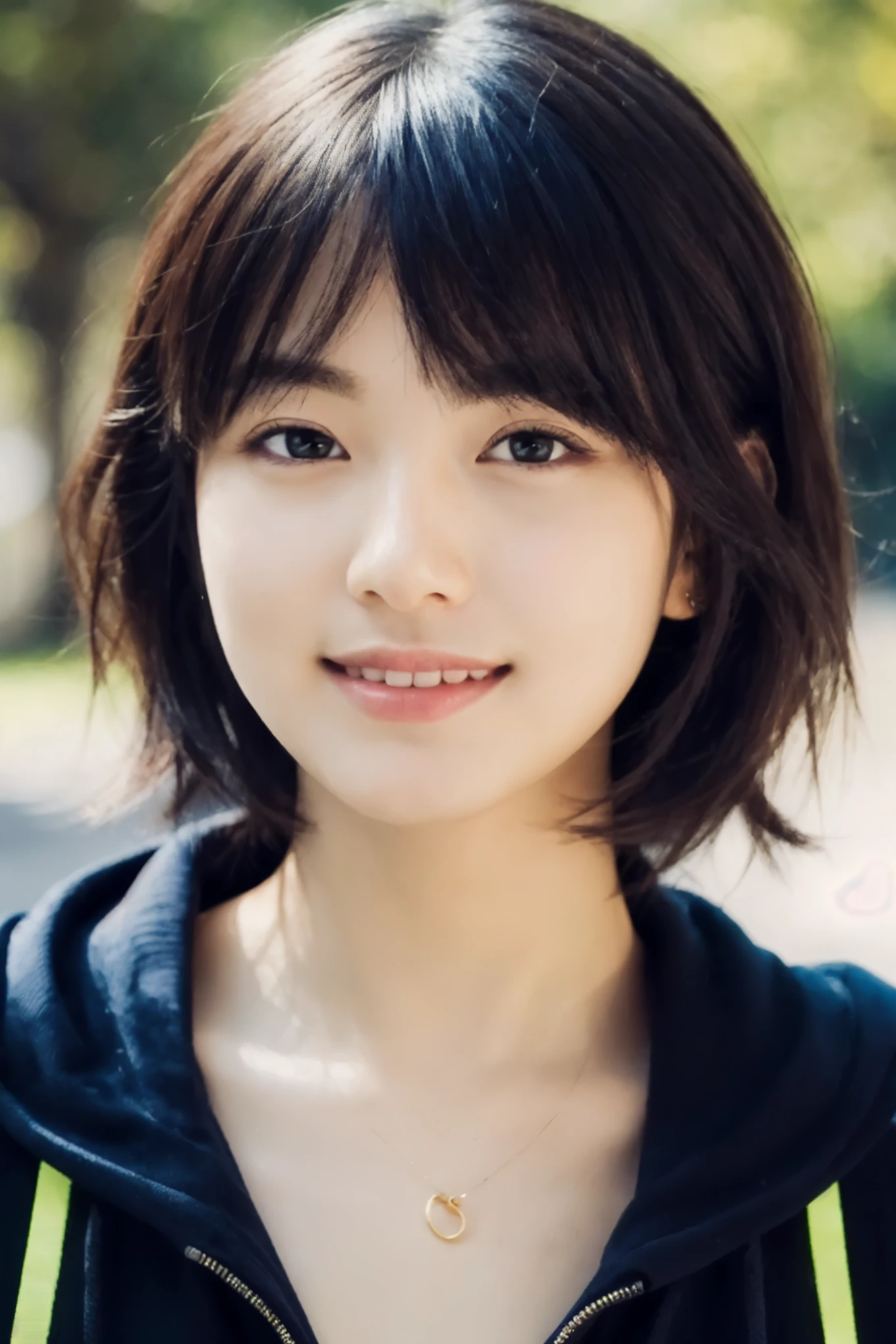 [blue-black:.3] hair, (masterpiece:1.3), (8k, photorealistic, RAW photo, best quality: 1.4), japanese, Android,(1girl), beautiful face, (realistic face), (black hair, short hair:1.3), smile, beautiful hairstyle, realistic eyes, beautiful detailed eyes, (realistic skin), beautiful skin, attractive, ultra high res, ultra realistic, highly detailed, golden ratio, Wearing a blue hoodie,