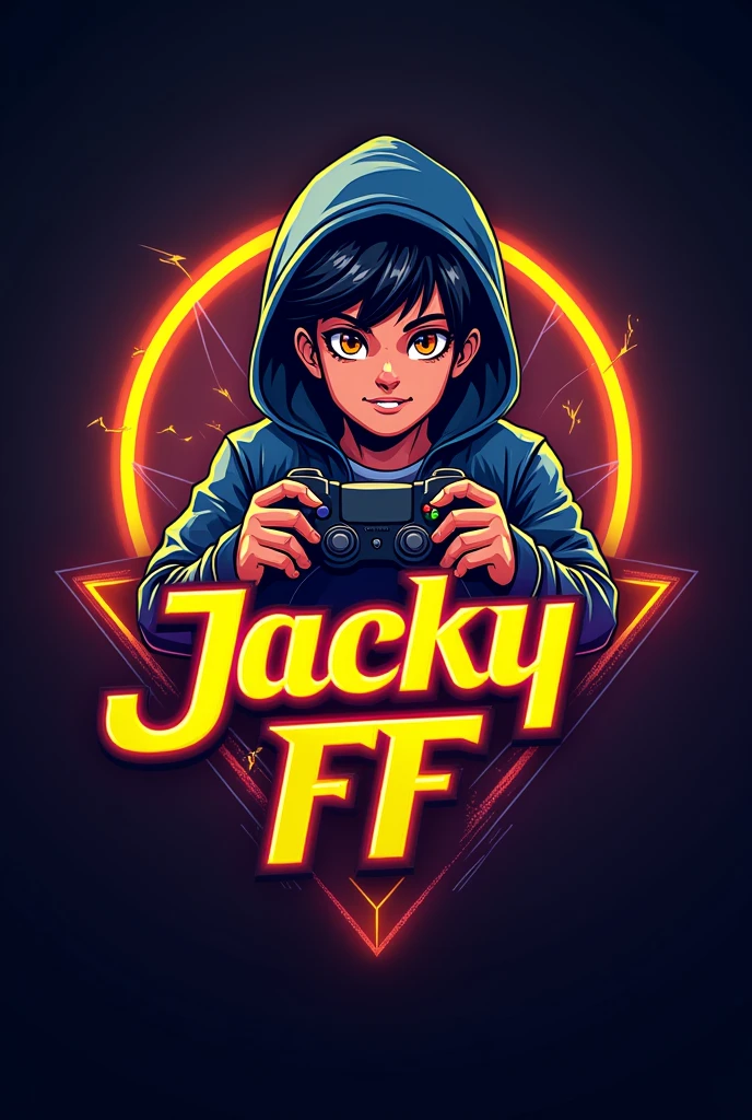 This is a gaming logo that features the name "Jacky FF" in a futuristic font and a neon Golden colour. and Boy avtar, The logo also has a stylized controller icon. The logo designed to be attractive and eye-catching, and to appeal to gaming enthusiasts and YouTube viewing