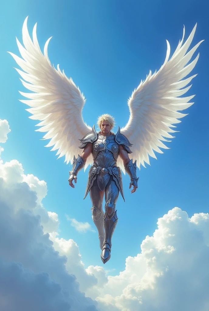 (photorealism:1.2), A man, with white angel wings flying in the blue sky,wearing armor, like a fantasy character