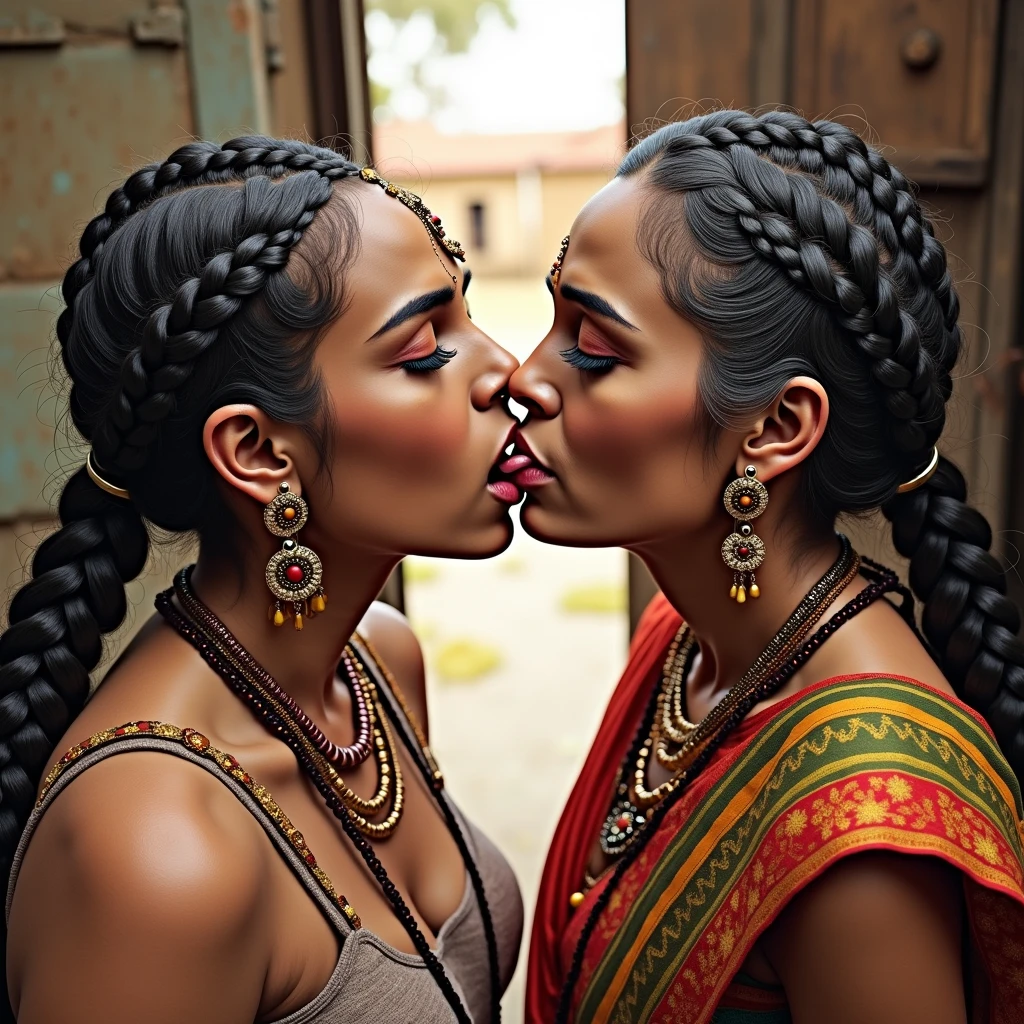 In indian home,2 younger indian lady & 60 yeras old eldery indian lady,total two indian ladies are involving wild kissing,these two ladies wears petticoat and home maded bras with cloths as per image prompt,both of them are kissing each other by raided up their one hand and exposing armpits,These both ladies having super long armpit hairs like rapunzel hairs,As per elderity eldery lady having gray and black mixed armpit hairs since younger having fine black color rapunzel armpit hairs comes from armpit,These super long rapunzel armpit hairs are meticulaiursly braided in to cornror braids like multiple cornrow braids are there in armpits,Since younger the younger lady having huge breast tightend to her home made bra and eldery lady having eldery sagging breasts,however these super breast can be highly visible poppong out from their home made cloth bras,These all three ladies' faces are with showing full of sexual wildness showing out from their faces exact as in image prompt,Their eyes are fullfill with sexual wildness with raping hairs as per the imahe prompt,(Show me their tongues,long tongues:1.0) styled with 100000 liters hair oil,hairs like viscus oiled pulp,slick combed hair lines highly visible,{{{{Ladies wears perfect dresses in perfectt busty}}}},{{{{{NSFW}}}}},{{{{{{Hairs highly soaked}}}}}},{{{Hairs Drenched in water}}}}},{{{slick combed hair lines}}}},{{{{Hairlines reflecting shinning like mirrors with water}},{{{{{Showcase full bodies perfect figures}}}}},{{{{{High resolution perfecr color grading}}}}}},{{{Perfect hair buns on all three ladies exactly in image prompt}}}}}}},((((((((Generate ethnicity as imdian sexy build ladies))))))))),((((((Generate wildness poses where shows the wildness maturity of the sexually wildness and extremly extremly wildness in to hair licking by their tongues exatly as image prompt))))