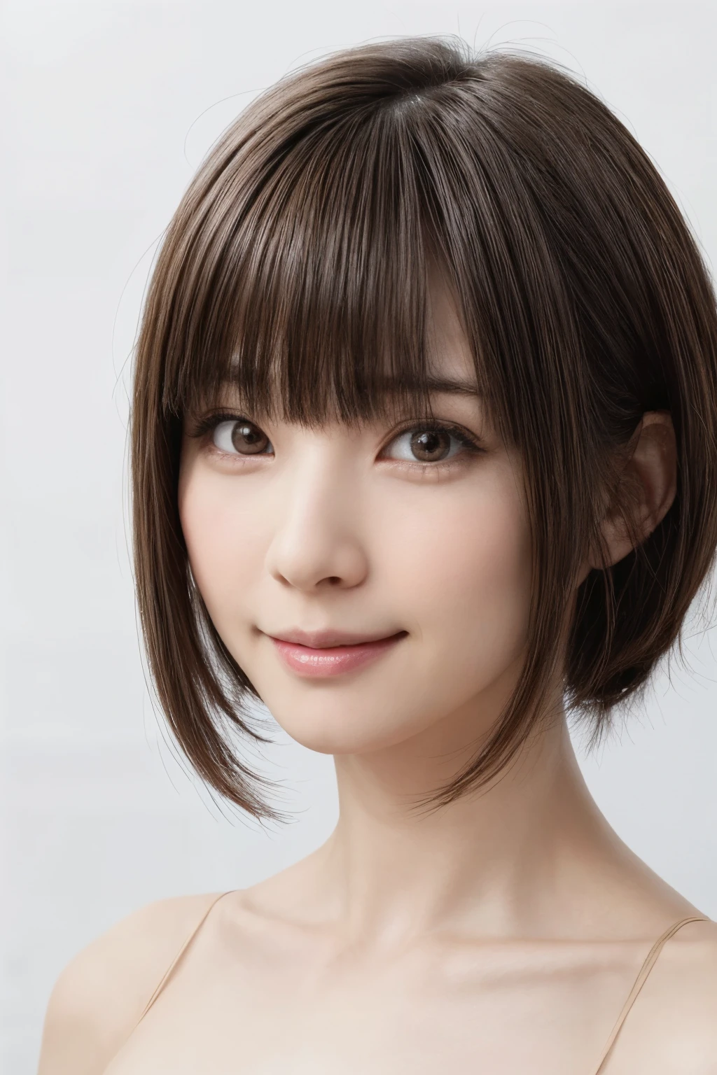 ((masterpiece, Highest quality, High resolution、Realisticですべてが美しく詳細に描かれている)), 1 person, (Realistic: 1.4), alone, White Background, snow-White Background, Mouth closed, smile, smile, Beautiful black hair, short hair, Big eyes, Transparent double eyelids, eyelash, Listen carefully, Long neck, 美しくLong neck, Put out your ears、Absolute area, ((Face close-up)), (Draw the whole head, shoulder), 1, Attractive proportions, Glowing Skin, Beautiful clavicle, Golden ratio face, Perfect Face, Teardrop-shaped mole, chestのほくろ, bangs, clean bangs, beautiful bangs, Lip gloss, Thin lips, Fair skin, naked, Big Breasts, {Huge|big|Hugeな|Mega} chest:2, chestの谷間:2,chestの谷間を見せる、Small face, Small face, All the heads are painted, shoulder all drawn, Point slightly above the camera