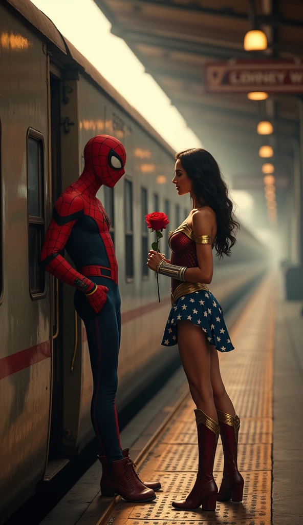 The image portrays Spider-Man leaning out of a train window while Wonder Woman stands on the platform holding a rose, seemingly offering it to him. The scene has a romantic and cinematic feel, with the characters from different universes interacting in a vintage train station setting. Spider-Man's pose suggests he is about to leave on the train, while Wonder Woman's expression and gesture imply a tender moment between the two. This is another creatively manipulated or AI-generated image that merges iconic superheroes in an unexpected, charming scenario.






