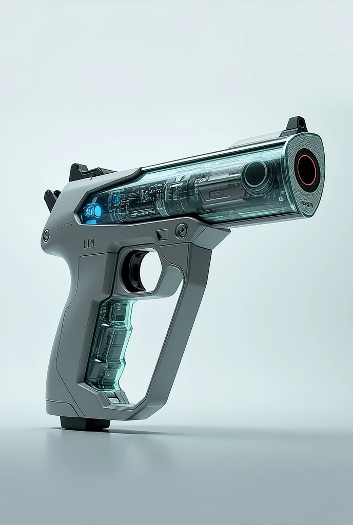 A gun that has a transparent part and is futuristic 
