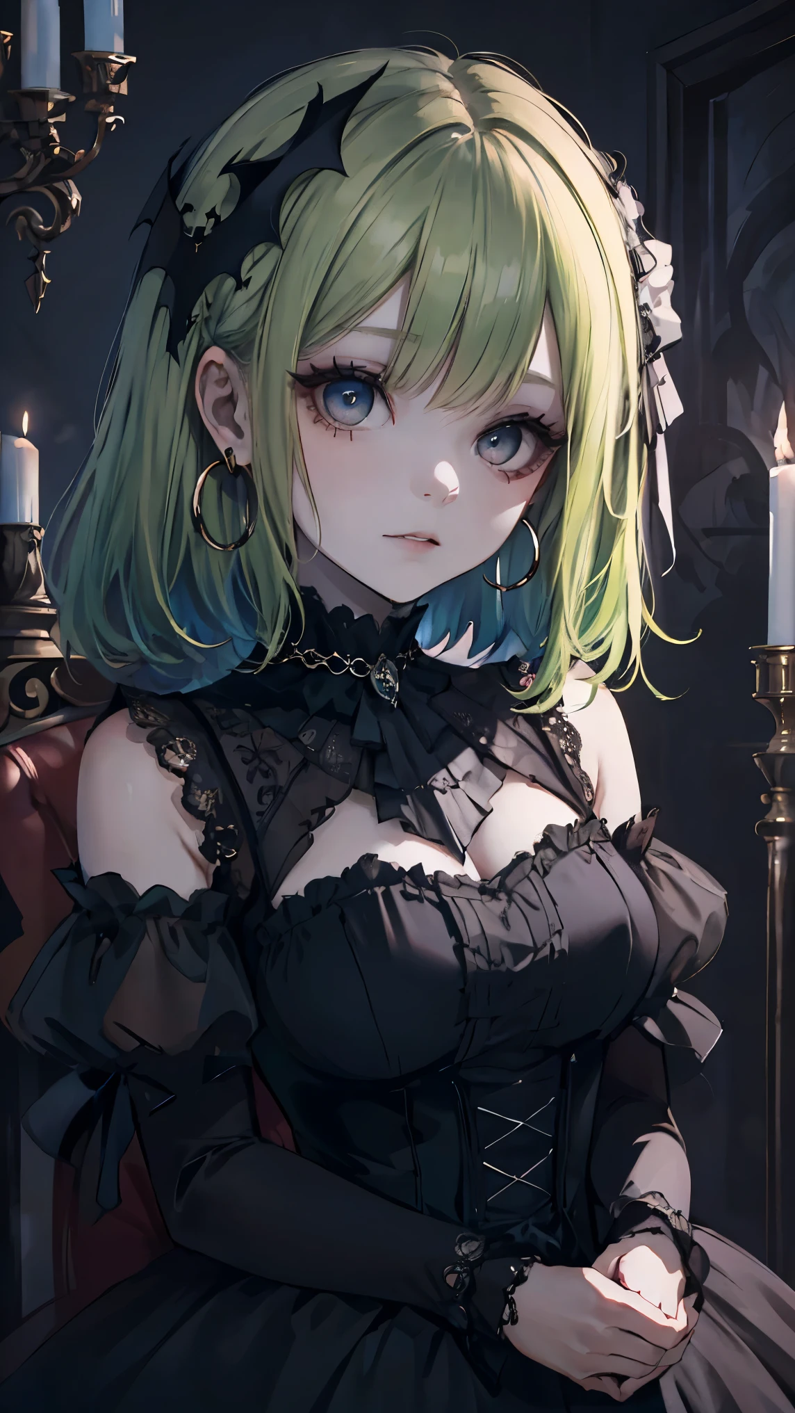 ((masterpiece)), ((best quality)), perfect detailed eyes, perfect detailed face, green hair, medium hair, forehead jewel, hollow eyes, hoop earrings, makeup, turn pale, shaded, Baroque, cinematic lighting, high quality, accurate, 8k, Vampire, gothic ****ta style dress, dark blue dress, bats in the background