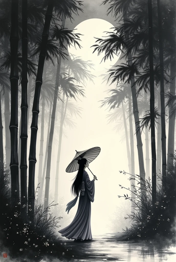 dynamic ink painting of a bamboo grove, black and white,monochrome, great art, great sense of depth, ground level shot, the most beautiful bamboo grove in the world, bamboo leaves shining through rainwater, moon\(pale blue\) with a light overcast, beautiful woman\(ancient Japanese noble, beautiful kimono, beautiful long black hair\) looking up at the moon holding an umbrella, fireflies flying around, bamboo leaves are placed three-dimensionally in the foreground, long shot