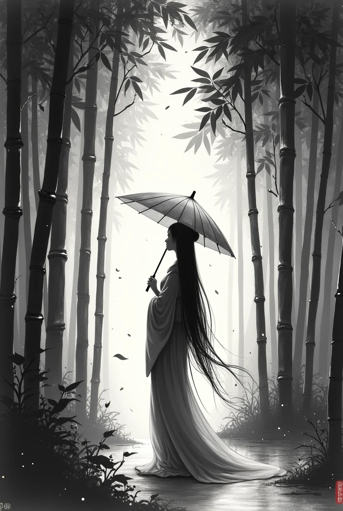 dynamic ink painting of a bamboo grove, black and white,monochrome, great art, great sense of depth, ground level shot, the most beautiful bamboo grove in the world, bamboo leaves shining through rainwater, moon\(pale blue\) with a light overcast, beautiful woman\(ancient Japanese noble, beautiful kimono, beautiful long black hair\) looking up at the moon holding an umbrella, fireflies flying around, bamboo leaves are placed three-dimensionally in the foreground, long shot