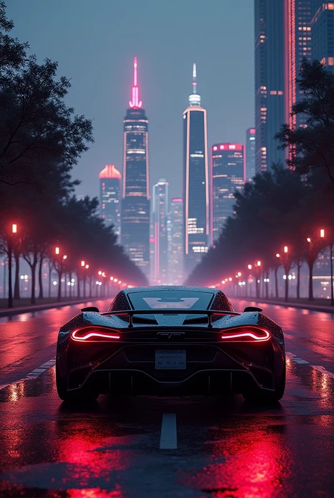 A GT 7 standing black colour , moon , trees , red light  road many high building black ,red light in the building , town City
