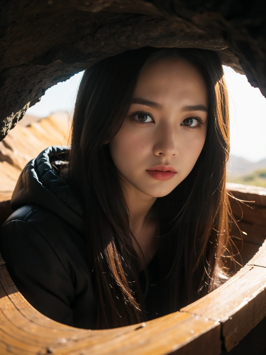 ((Top Quality)), ((Masterpiece)), ((Details)), upper body, ((close-up: 1.2)), More Saturation, strong reflections, bright shade, Place the girl in the foreground at large,
Shooting Star - Cave - Black Hole - Girl,
A vast, dark cave with a black hole swirling ominously in the distance. A young girl stands at the cave’s entrance, watching a meteor streak across the sky, her presence merging the mysteries of space and the innocence of youth.