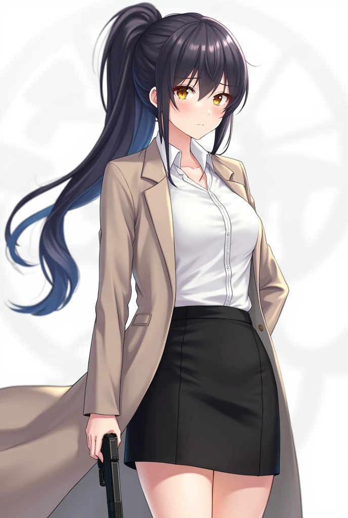 full body, (ponytail forehead hair pulled back:1.3), black hair, weating trench coat, holding glock down, with white shirt and black skirt, anime style, from girls frontline, fine details. girls frontline, girls frontline universe, girls frontline style, girls frontline, girls frontline cg, soft anime illustration, 2 0 2 2 anime style, 2022 anime style, pixiv contest winner, pretty anime character design, render of april