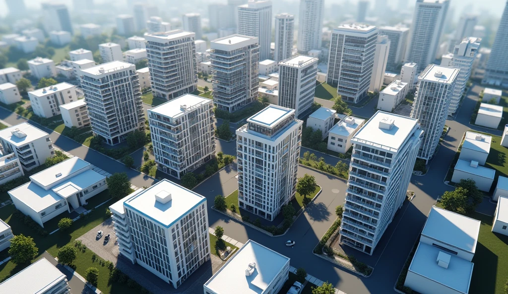 "Generates a realistic aerial view image of an avenue in the city of Arequipa. In the foreground, shows 12 buildings standing out among simpler houses. Of those 12 buildings:
- 6 must be residential, white with blue stripes.
- 3 must be offices with reflective facades.
- 3 must be hotels and commercials, with an elegant and striking design.
The buildings have separation between them.
Buildings should be the main focus of the image, while the surroundings should be less prominent."