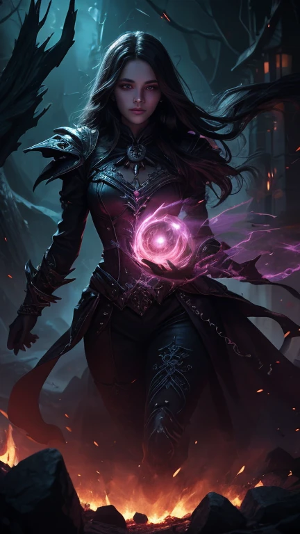 In this fascinating digital painting, An ethereal energy tinged with mauve and magenta hues swirling in dark digital brushstrokes highlights a necromancer who materializes with an enigmatic presence. The picture, Rendered with stunning clarity and intricate detail, shows the necromancer surrounded by the essence of her captured spirit shown in dying embers of light trying to get away from her presence. .( The Necromancer&#39;s Amber and Teal Robes., Adorned with intricate patterns and glowing runes, evoke a sense of arcane power). With penetrating violet eyes that seem to search the depths of the soul., ((The necromancer&#39;s pale, flawless complexion and blonde hair are juxtaposed with a hint of mysterious luminescence..)). This masterful work of art captures the mystique and allure of the arts of necromancy.., Drawing viewers into a world where magic and darkness intertwine..