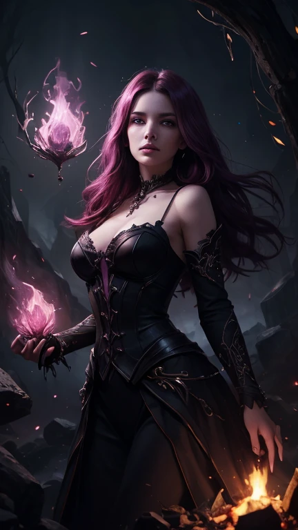 In this fascinating digital painting, An ethereal energy tinged with mauve and magenta hues swirling in dark digital brushstrokes highlights a necromancer who materializes with an enigmatic presence. The picture, Rendered with stunning clarity and intricate detail, shows the necromancer surrounded by the essence of her captured spirit shown in dying embers of light trying to get away from her presence. .( The Necromancer&#39;s Amber and Teal Robes., Adorned with intricate patterns and glowing runes, evoke a sense of arcane power). With penetrating violet eyes that seem to search the depths of the soul., ((The necromancer&#39;s pale, flawless complexion and blonde hair are juxtaposed with a hint of mysterious luminescence..)). This masterful work of art captures the mystique and allure of the arts of necromancy.., Drawing viewers into a world where magic and darkness intertwine..