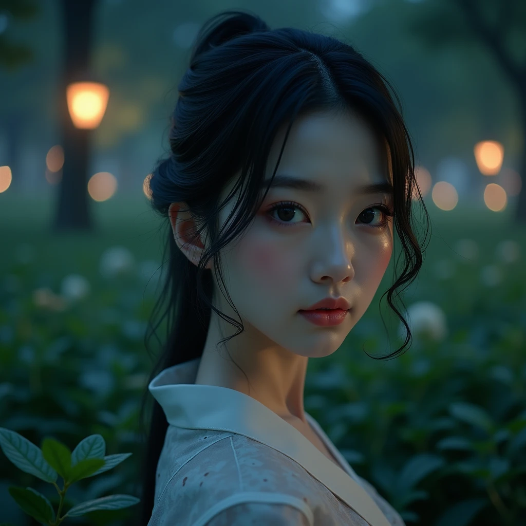 Hyperrealistic Japanese girl (((Alone woman))), Delicate and beautiful face, beautiful black eyes, His face expresses peace, calm, funny, full body girl in the park, night image, hyperrealistic image, vivid colors, photographic quality