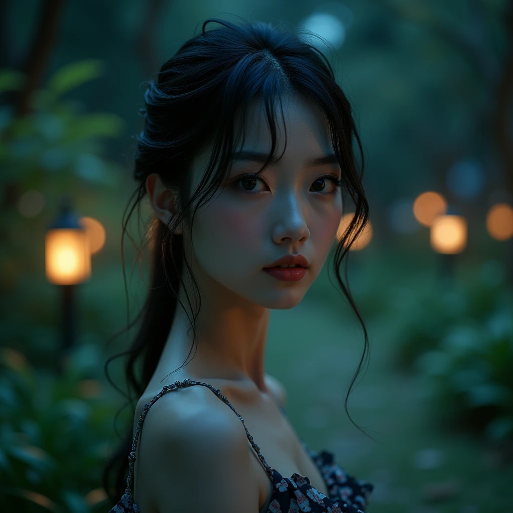 Hyperrealistic Japanese girl (((Alone woman))), Delicate and beautiful face, beautiful black eyes, His face expresses peace, calm, funny, full body girl in the park, night image, hyperrealistic image, vivid colors, photographic quality