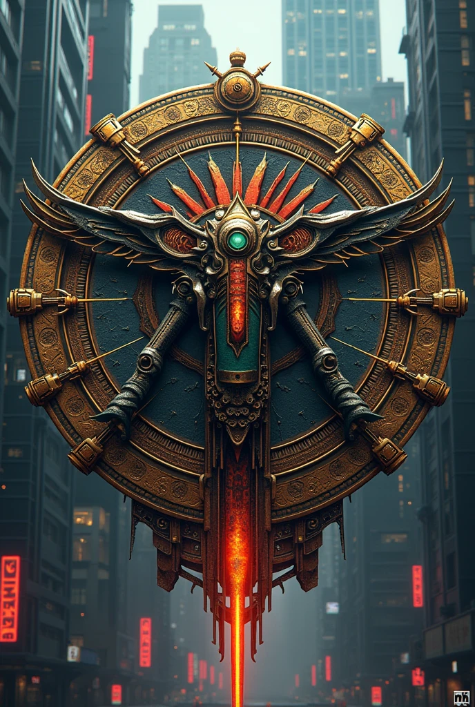 make a futuristic cyberpunk aztec calendar, following the elements found in the Aztec calendar, mechanic, ultra technological, detailed, 4k, High Definition, in 2D design, seen from the front drawn on a sheet of paper