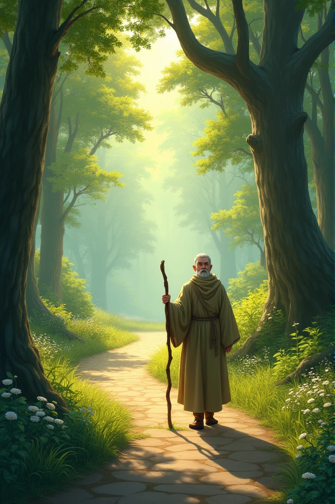 **A serene forest path** with a wise-looking saint walking calmly, dressed in simple robes, holding a staff, with the morning sun filtering through the trees.