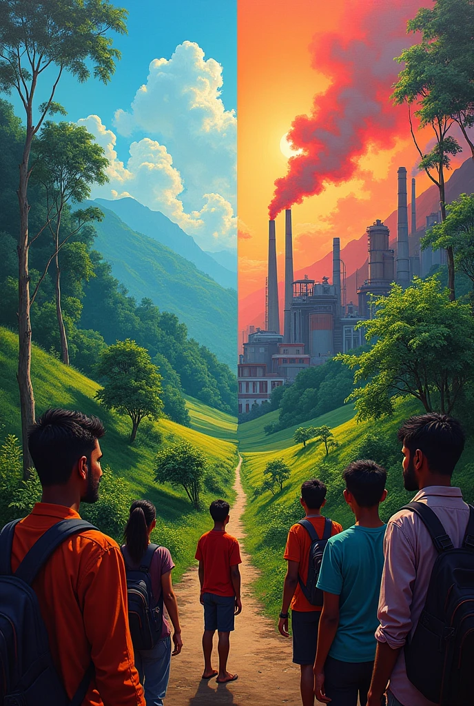 , Aditya's Impactful Painting: A large, vibrant painting created by Aditya, depicting the village’s future if the factory is built versus the beauty it holds now. Villagers and outsiders are shown moved and emotional as they gaze at the artwork.