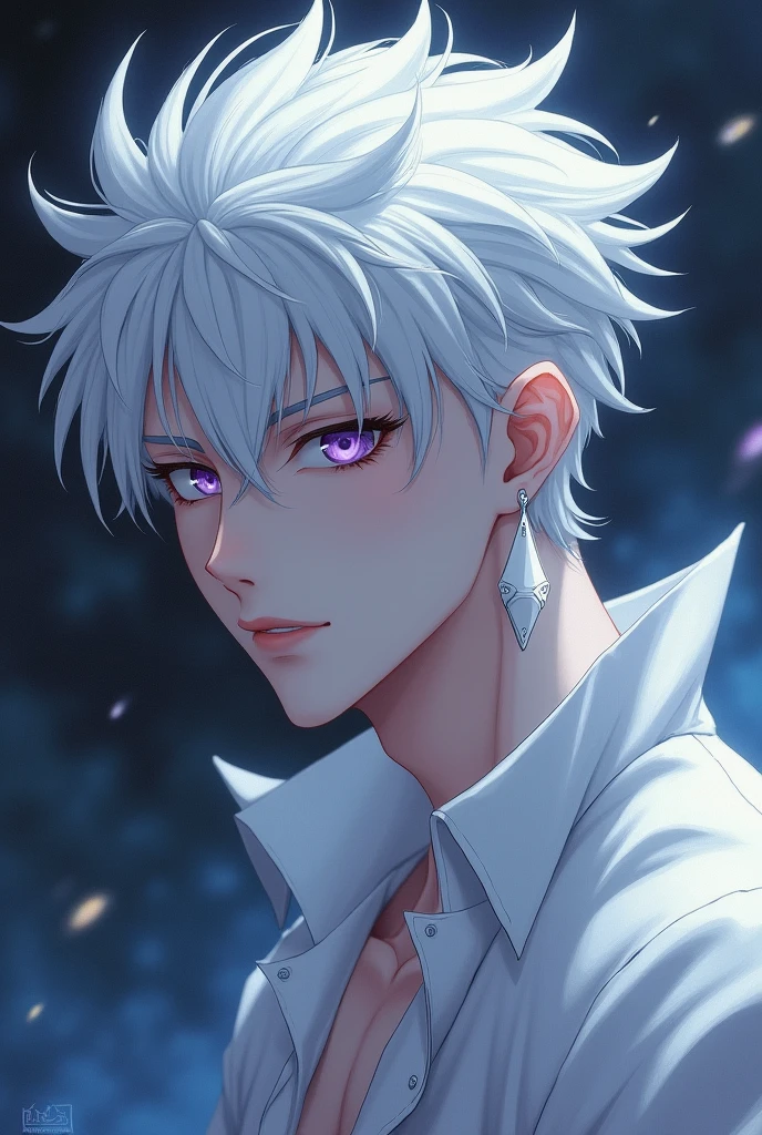 anime character, White hair, spiky hair, Pale skin, purple eyes, Long white eyelashes, male, muscular, white earrings, big glossy lips