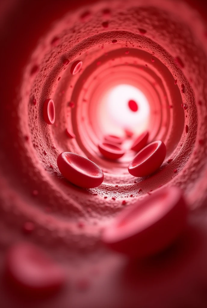 A digital image of red blood cells flowing through a blood vessel using a close-up technique and a very detailed style. The image has the appearance of a tunnel, with the blood vessel walls painted in various shades of red and pink. The vessel walls are smooth, giving it a realistic and lively perspective. The red blood cells are drawn as three-dimensional, glossy and slightly translucent, with a bright red color that contrasts well with the background. The red blood cells are drawn in different sizes and orientations, giving a sense of movement and depth as they move through the blood vessel. The overall composition is scientifically accurate and eye-catching, emphasizing the complex and dynamic nature of the circulatory system.