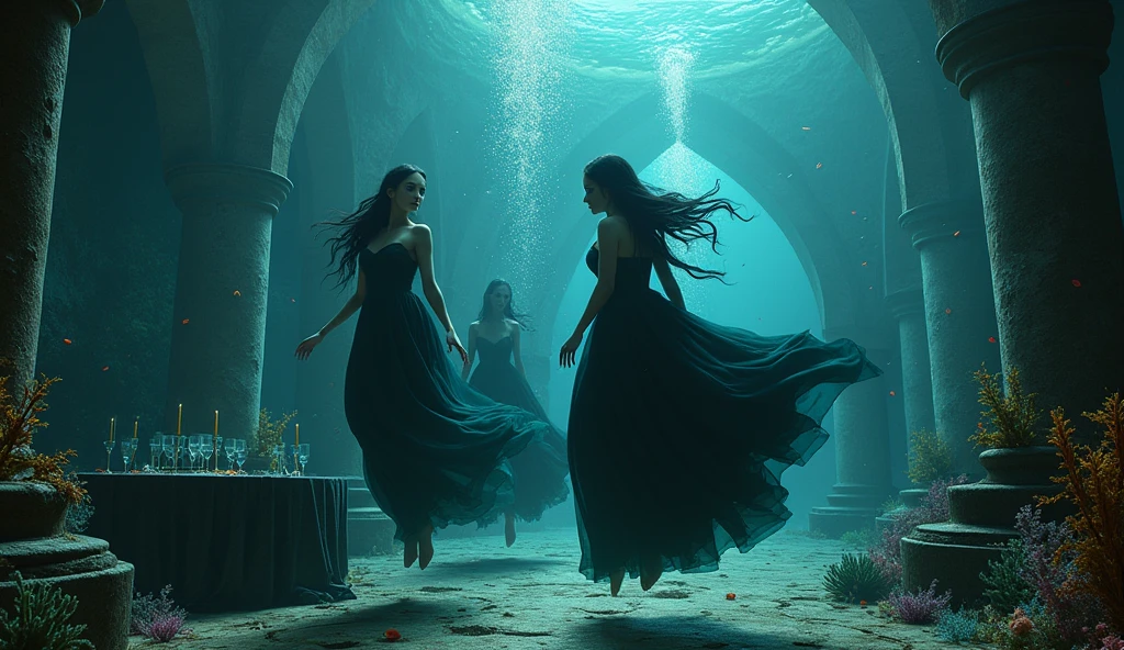 "A full-body shot of a (extra wide angle 1:1) in a dark low light deep sea medeval ballroom in an old gothic palace that has gone under the sea. Super-big ballroom. 2 queen twin sisters curled up and their 5 girlfriends swimming randomly, waiving theyr arms in the sea. Surrounded by coloured fishes. Swimming with body laying horizontally, swimming with body laying vertically, swimming down, swimming up. The queens have a big light-colored eyes, black super-long long hair. Their girl-friends have a long hair also blue and green perfect detailed eyes.Their wering black dresses. Pink and gold dresses. Dresses in many layered lace and shiffon torned and ripped. ( perfect hands, five fingers on each hand.) Small breasts cleavage, (hyper realistic perfect eyes 1:1). White perfect skin. Queens surrounded by Perished under-water palace 1:1 Wearing a layered black, white and gold ballroom dresses with lace and shiffon. On the bottom of the sea are golden crowns, adorned with pink crystals 1:1. Bright colourd fishes swimming arround. Cancers. Corals. seamoss. Octopus. The scene a beautiful empresses swimming ghoasts, their long hair flowing every way, in their face. Sad. (Best Quality Detailed faces)1:1. A medieval fairytale vibe, with a big black intricate throne in a corner with tonns of seamoss and seeweed on it, a broken medeval chandelier with few broken candles scattered all around. In a fantastic scene that uses detaled realistic 3D model. Big gold gothic medieval five armed candlesticks-no light sit on a blacktable on the seafloor, surrounded by crystal wine glasses—one tipped over and broken. The entire setup is Best Quality, masterpiece 1:1, capturing the essence of a beautiful and happy girls, fantastical gothic setting, Dark deep sea Low lighting under neath, framed with the grandeur of medieval gothic style. (8K).