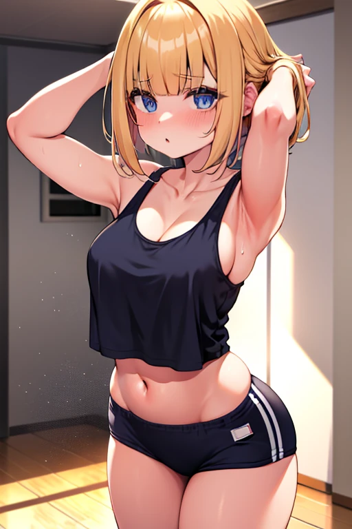 score_9, score_8_up, score_7_up, source_anime, rating_safe, , (realistic:0.6), , depth of field, 1girl, solo, sachi_umino, blonde hair, purple eyes, short hair, bangs, hair between eyes, close-up, apartment, indoors, dark, standing on one leg, wavy mouth, crop top camisole, navel, she is hot and very swearty, wet body ,half naked, pussy, arms behind head, armpits, sweaty armpits