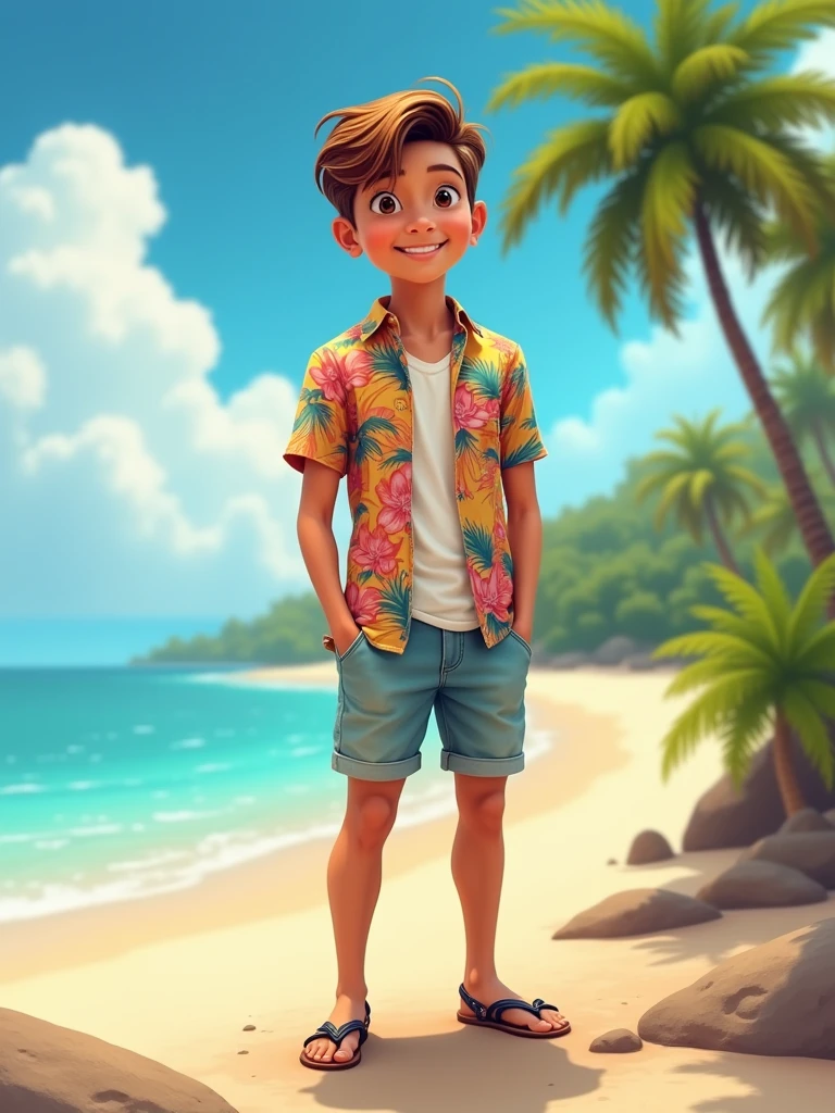 Change the person's clothes in the photo to beach clothes