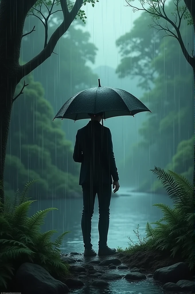 A  standing in rainy forest near a tree and river holding an umbrella 