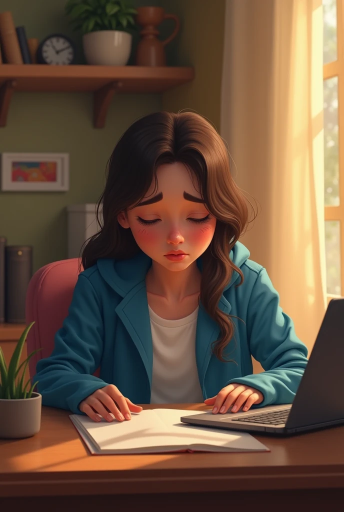 A DISNEY GIRL VERY TIRED OF WORKING ON LAPTOP IN BLUE COAT