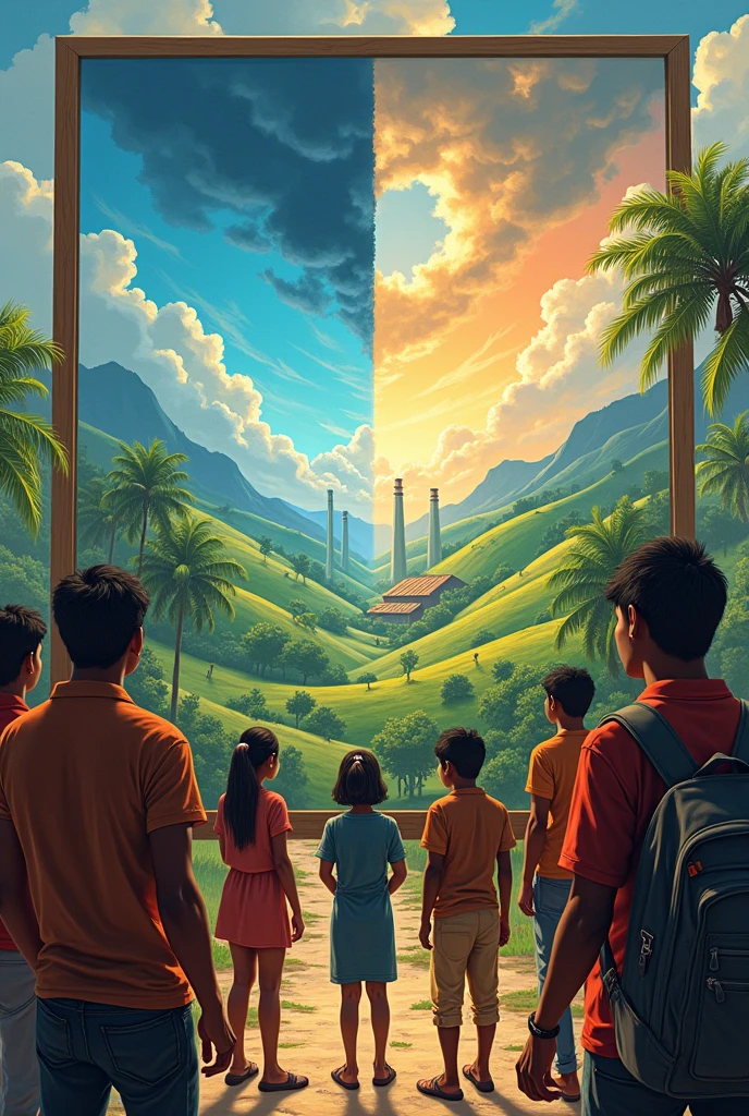 , Aditya's Impactful Painting: A large, vibrant painting created by Aditya, depicting the village’s future if the factory is built versus the beauty it holds now. Villagers and outsiders are shown moved and emotional as they gaze at the artwork. 3D style cartoon image generator