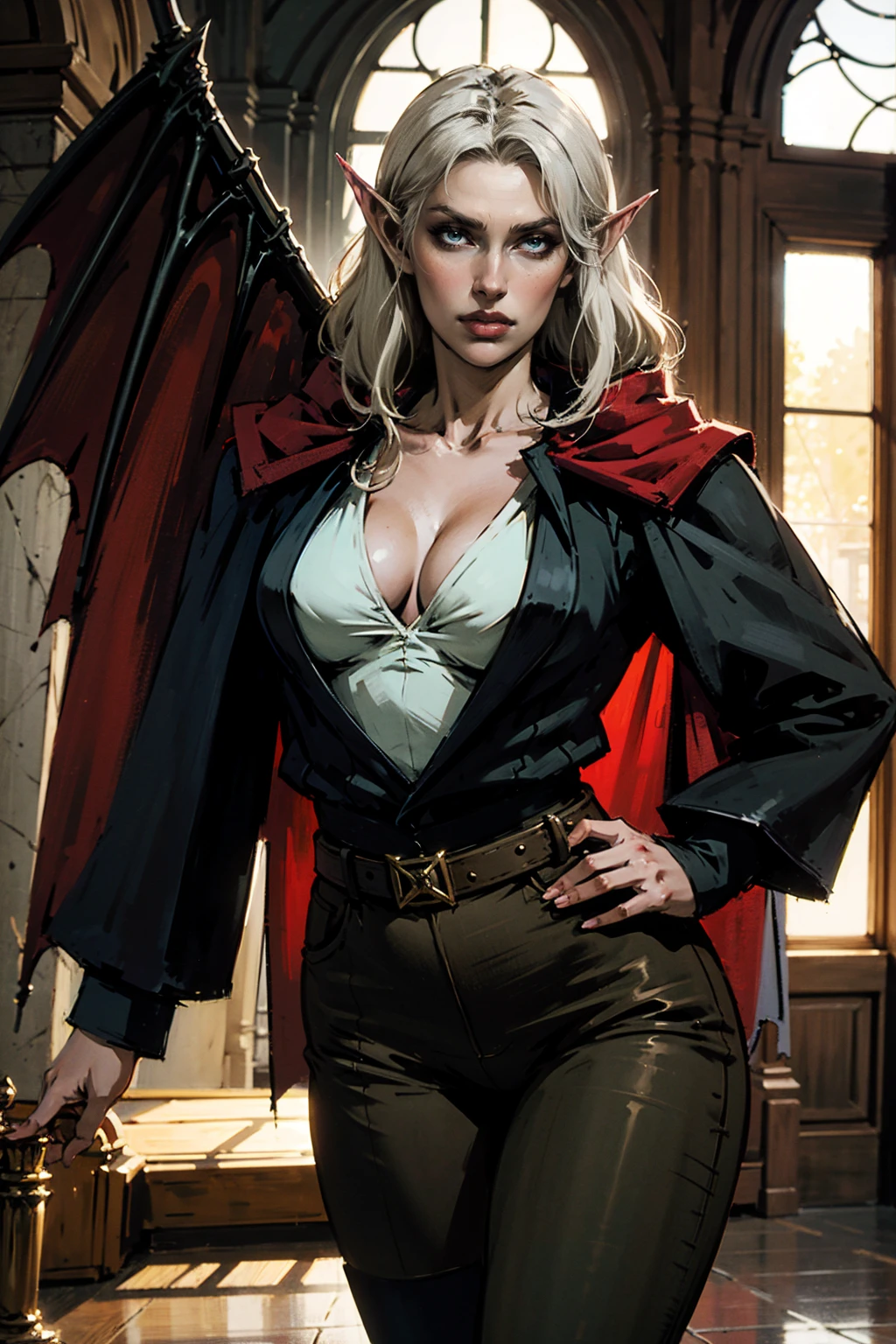 A woman with long platinum blonde hair, choppy bangs, arched crescent eyebrows, sharp and determined eyes, a delicate oval face, a serious expression, a fantasy-style dark green military coat, draped with a dark red cloak, military trousers, leather combat boots, silver greaves leggings, one hand on her hip, standing in a spacious training ground, this character embodies a finely crafted fantasy-style female military officer in anime style, exquisite and mature manga art style, pale skin, high definition, best quality, highres, ultra-detailed, ultra-fine painting, extremely delicate, professional, perfect body proportions, golden ratio, anatomically correct, symmetrical face, extremely detailed eyes and face, high quality eyes, creativity, RAW photo, UHD, 32k, Natural light, cinematic lighting, masterpiece-anatomy-perfect, masterpiece:1.5, horned girl, devil horns, elf ears, cleavage, thigh, short skirt, sexy, wide demonic wings