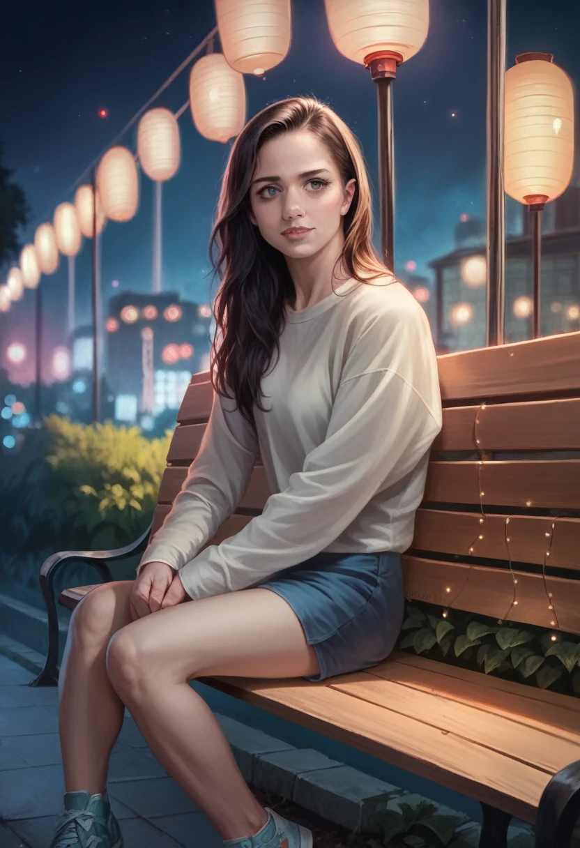 A hansohee sitting on a bench in the park, night lights, city Lights, Moonlight, noche4k, Fujifilm XT3, 8k, maximum result, photographed on a Kodak, award-winning photography, (ultra realistic:1.5), (Best Quality:1.5), photorealistic, detailed skin texture, masterpiece, (photorealistic:1.4), raw photo,  perfect shading, Realism, Photography,Detailed facial texture, detailed lip texture, ear detail, Eye Detail,  depth of field,
