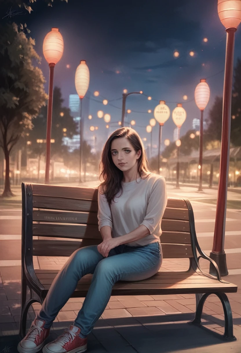 A hansohee sitting on a bench in the park, night lights, city Lights, Moonlight, noche4k, Fujifilm XT3, 8k, maximum result, photographed on a Kodak, award-winning photography, (ultra realistic:1.5), (Best Quality:1.5), photorealistic, detailed skin texture, masterpiece, (photorealistic:1.4), raw photo,  perfect shading, Realism, Photography,Detailed facial texture, detailed lip texture, ear detail, Eye Detail,  depth of field,
