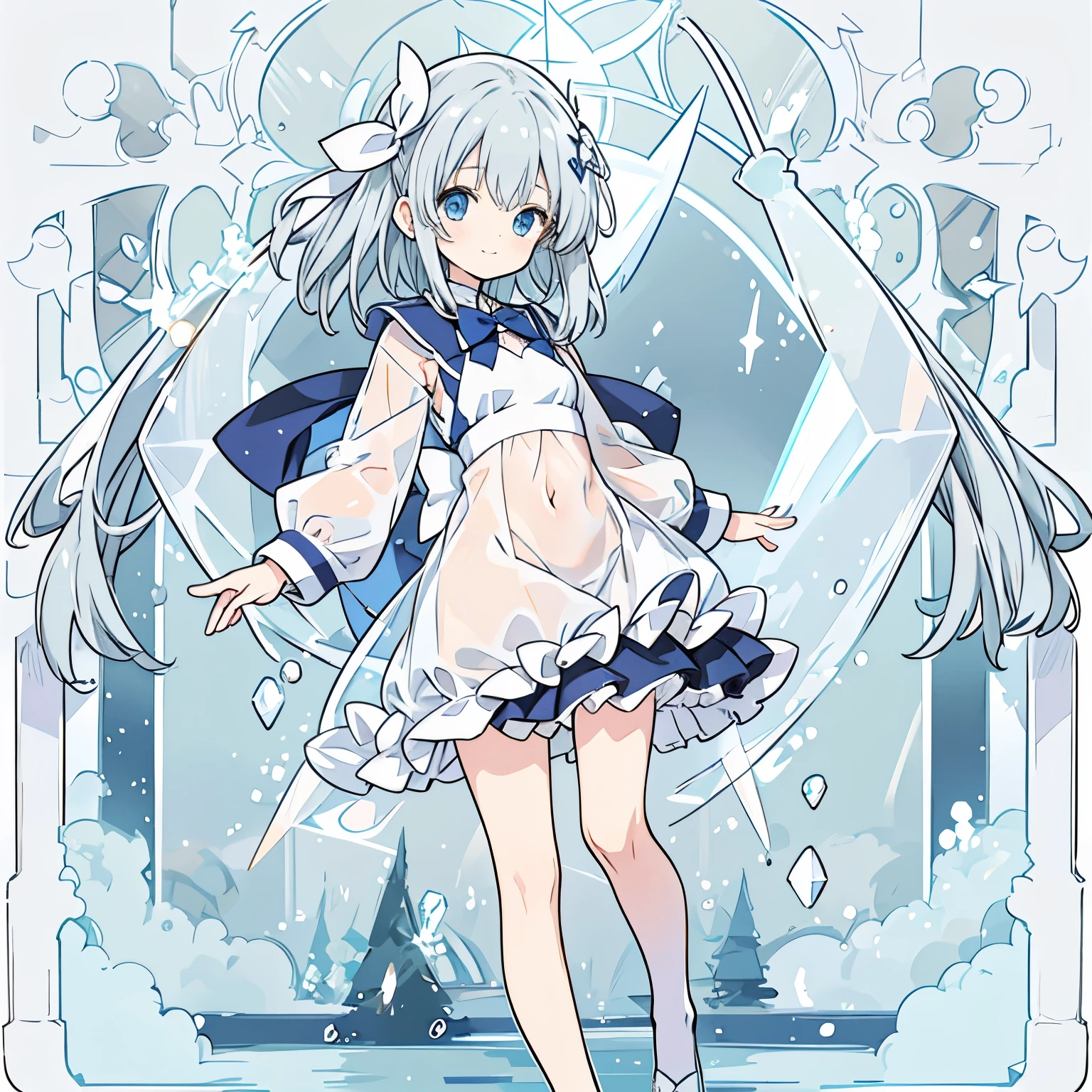 One Girl 小さいBody長 低Body長 cute Light gray hair Blue colored eyes Magical girl witch Body 全Body shoes Big Breasts Sheer clothing Embarrassed A little smile Clothes with a small triangular hole in the stomach Transparent hair Transparent long skirt Transparent ribbon Transparent frills Transparent slits Overall, a lot of white 135cm