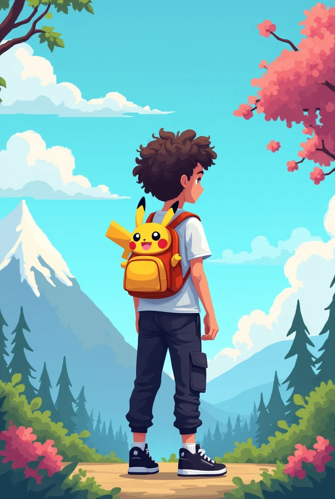 YouTube channel banner,theme pixelated blue sky with clouds,and a guy with curly hair,black cargo pants,white t shirt with a ganger Pokemon backpack.angle is the character in middle photo taken from back side and about 8feet away,more back and a little higher altitude make the angle more back and a Pikachu backpack make it more farr make the character straight and make the image atleast 20 feet away make the backpack a little small and expand the image with a mountain with some snow on top on the left side and a blossom tree at right side make it pixelated and a Pikachu backpack and black Jordan shoes,shoes is solid black make the Pikachu smiling and more cute and he has a skateboard in his left hand,make the skateboard matching to the environment make the image straight and pixelated and a little far back remove skateboard and make backpack a little small and make the image in 16:9 ratio make the character straight and the whole backpack is Pikachu theme make the image pixelated and hair curly and the character straight and about 20 feet away from the backside make the character face straight and the photo is taken from backside make him tall and no skateboard same image just a little back and remove backpack no backpack make it pixelated and remove the Pikachu backpack more back and make the character straight and tall about 20 feet away