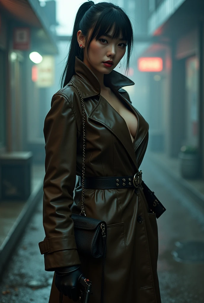 real life modern Photo. full body view of a radiant Japanese woman. large breasts. 35 years-old. straight black hair pinned back with bangs. narrow eyes. seductive beauty. smoky eyeshadow. ((evening makeup)).  small ruby earrings. Wearing brown pvc macintosh coat with high collar. belted at waist. (Long, tight fitted black leather gloves). Black heel boots. black purse on shoulder.  evil grin. Holding a M92F beretta pistol with silencer. in alley near Shinjuku station Tokyo. Winter. heavy fog