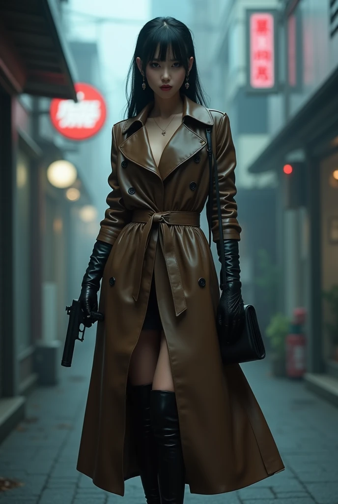 real life modern Photo. full body view of a radiant Japanese woman. large breasts. 35 years-old. straight black hair pinned back with bangs. narrow eyes. seductive beauty. smoky eyeshadow. ((evening makeup)).  small ruby earrings. Wearing brown pvc macintosh coat with high collar. belted at waist. (Long, tight fitted black leather gloves). Black heel boots. black purse on shoulder.  evil grin. Holding a M92F beretta pistol with silencer. in alley near Shinjuku station Tokyo. Winter. heavy fog