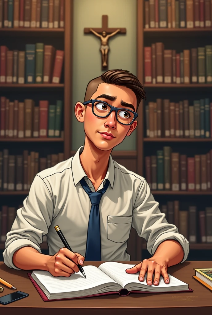 make a caricature drawing of a young student man who is studying hard, responsible, obedient, respectful, faithful to God, always praying. background is library and has a jesus christ cross in the wall (make it small size). his skintone color is brownish and buzz cut haircut.